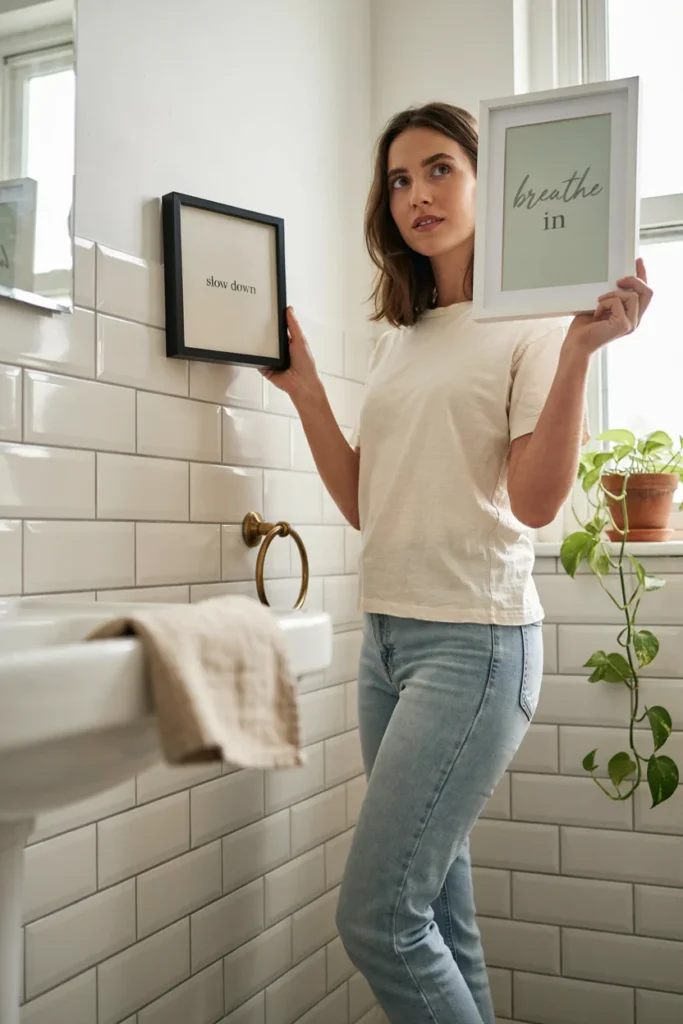 Person holding up two different framed quote prints against a bathroom wall comparing sizes and styles before deciding, candid lifestyle photography, natural daylight