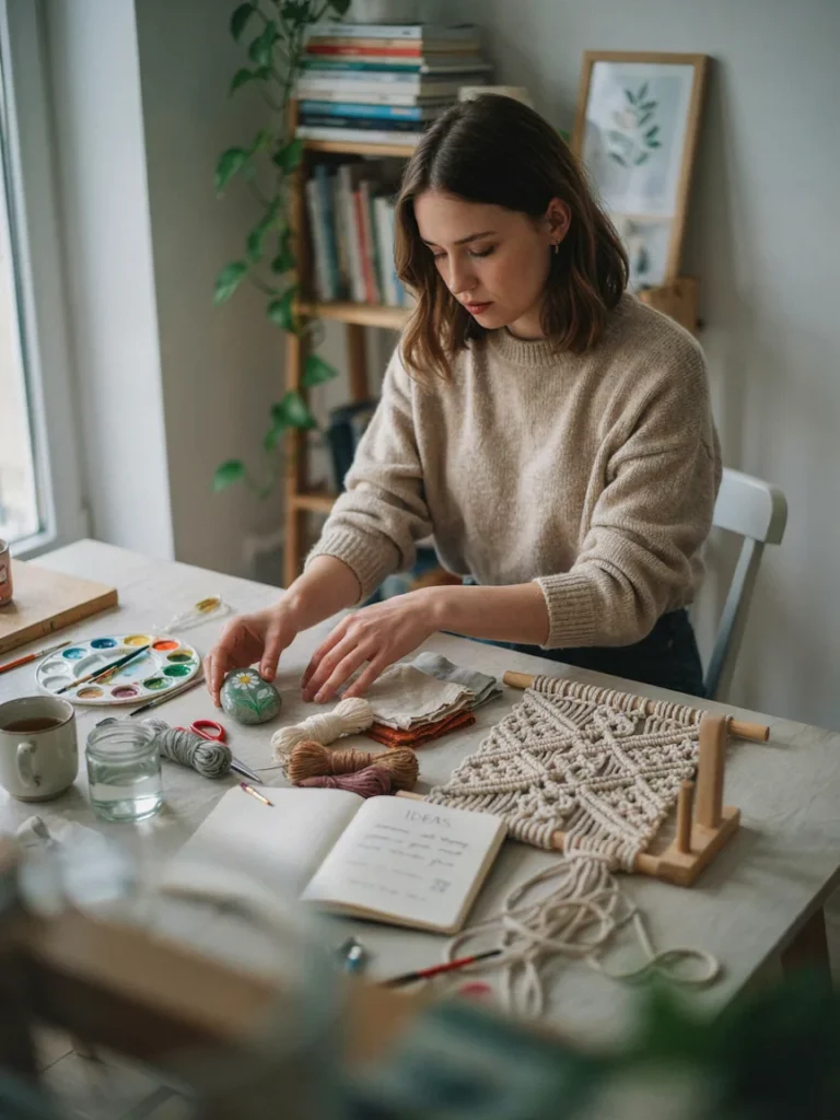 Person sitting at a craft table surrounded by different DIY project supplies, comparing a simple painted rock project against a more advanced macrame project, deciding which to start