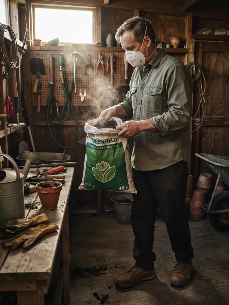 Person wearing a simple dust mask while handling a bag of potting soil in a garden shed