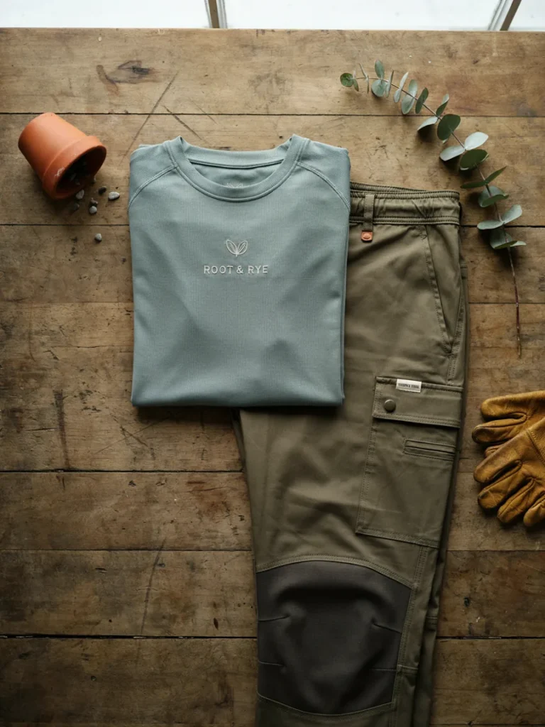 Photo of a folded moisture wicking gardening t shirt next to a pair of gardening trousers with visible reinforced knee patches and utility pockets, laid flat on a wooden surface.