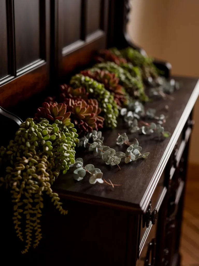 Plants and dried eucalyptus on a dark wood bureau for natural bedroom decor