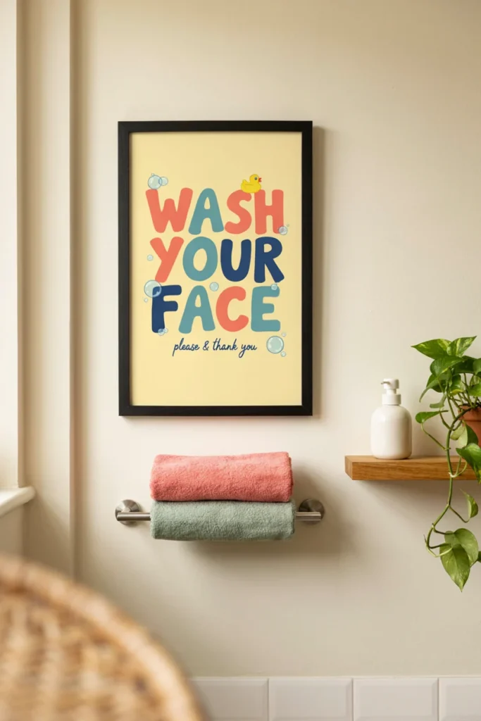 Playful framed bathroom print with bold colorful lettering and a fun humorous saying, bright cheerful background, hung above a towel rack, lighthearted mood