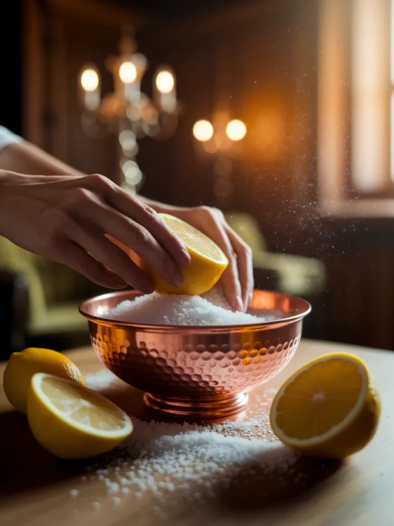 Polishing a copper bowl with lemon and salt to keep copper living room decor bright