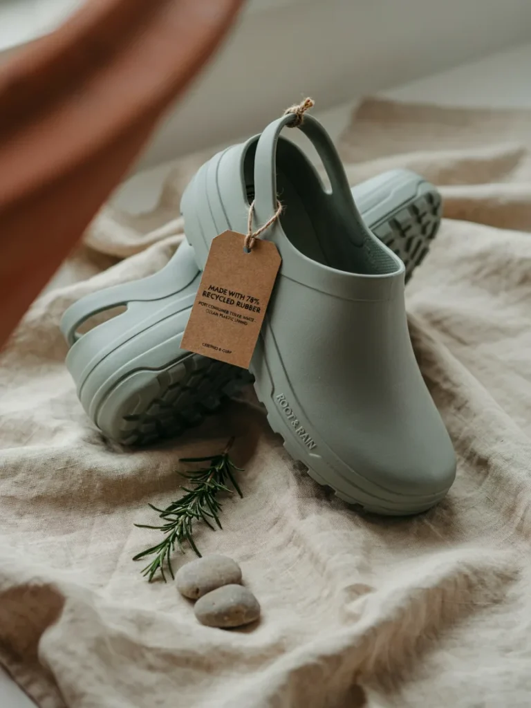 Product shot of eco friendly gardening clogs with a small tag or label highlighting recycled material content