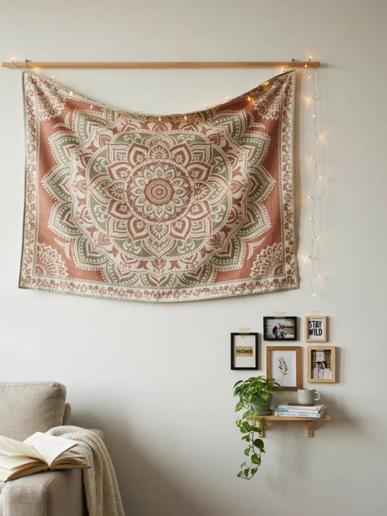 Rental friendly college living room wall decorated with a large fabric tapestry and command strip mounted frames, no visible nail holes, budget dorm wall styling
