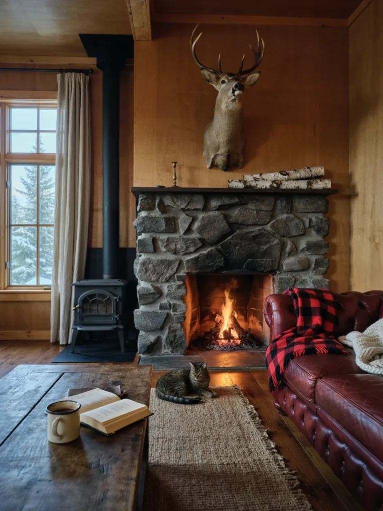 Rustic cabin style living room featuring a natural toned deer mount above a stone fireplace, warm wood tones and plaid textiles, cozy inviting atmosphere