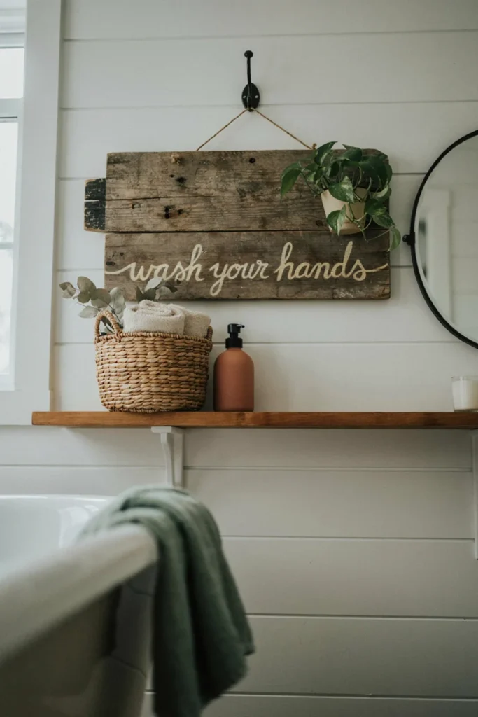Rustic distressed wood sign with cursive farmhouse style lettering hanging in a bathroom with shiplap walls, warm earthy tones, vintage cottage charm