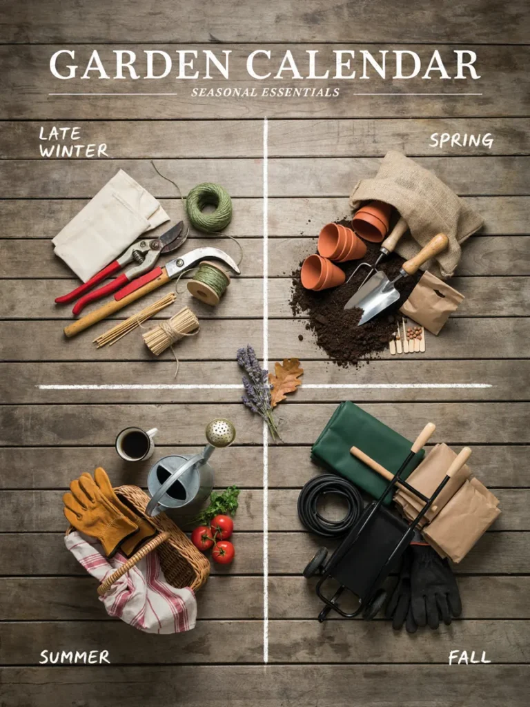 Seasonal calendar style flat lay showing gardening gear grouped by season, structural tools for late winter, soil and stakes for spring