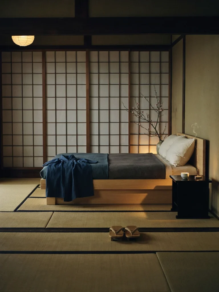 Serene Japanese style bedroom with a low platform bed, natural wood tones, a shoji screen, and minimal decor, soft warm ambient lighting, restrained and uncluttered atmosphere