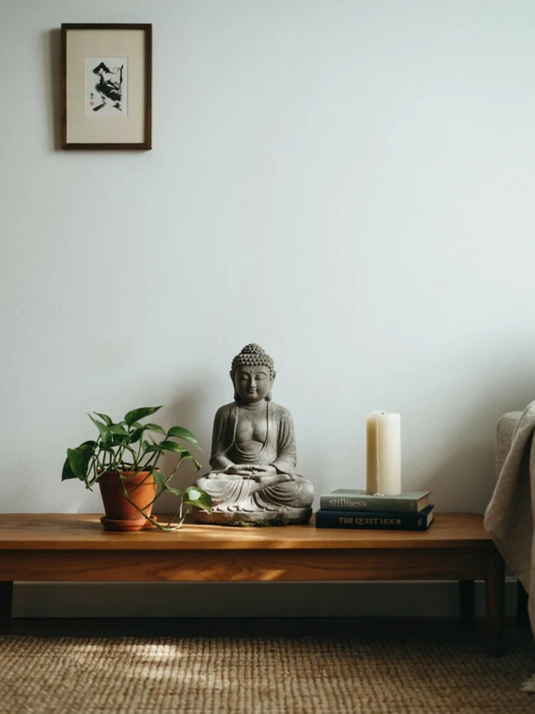 Serene living room corner featuring a stone Buddha statue on a low console table with a candle and small plant, soft natural light, calm intentional atmosphere