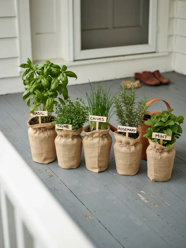 Several small burlap sacks arranged on a porch, each planted with different herbs like basil, thyme, and chives
