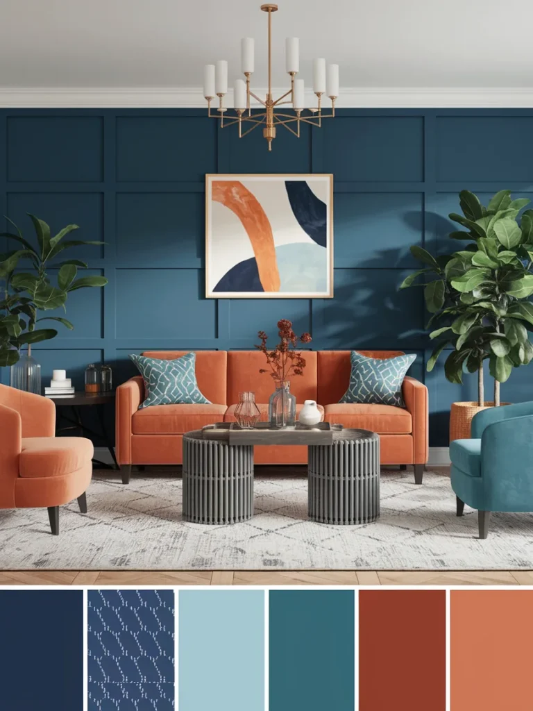 Shade palette for blue and orange living room decor with navy, burnt orange, teal, and terracotta