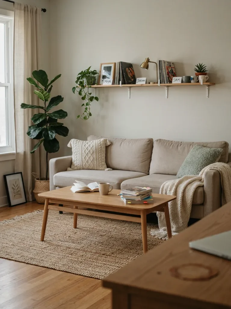 Shared college living room styled with a neutral color palette and small personal touches from each roommate on a designated shelf, balanced collaborative decorating
