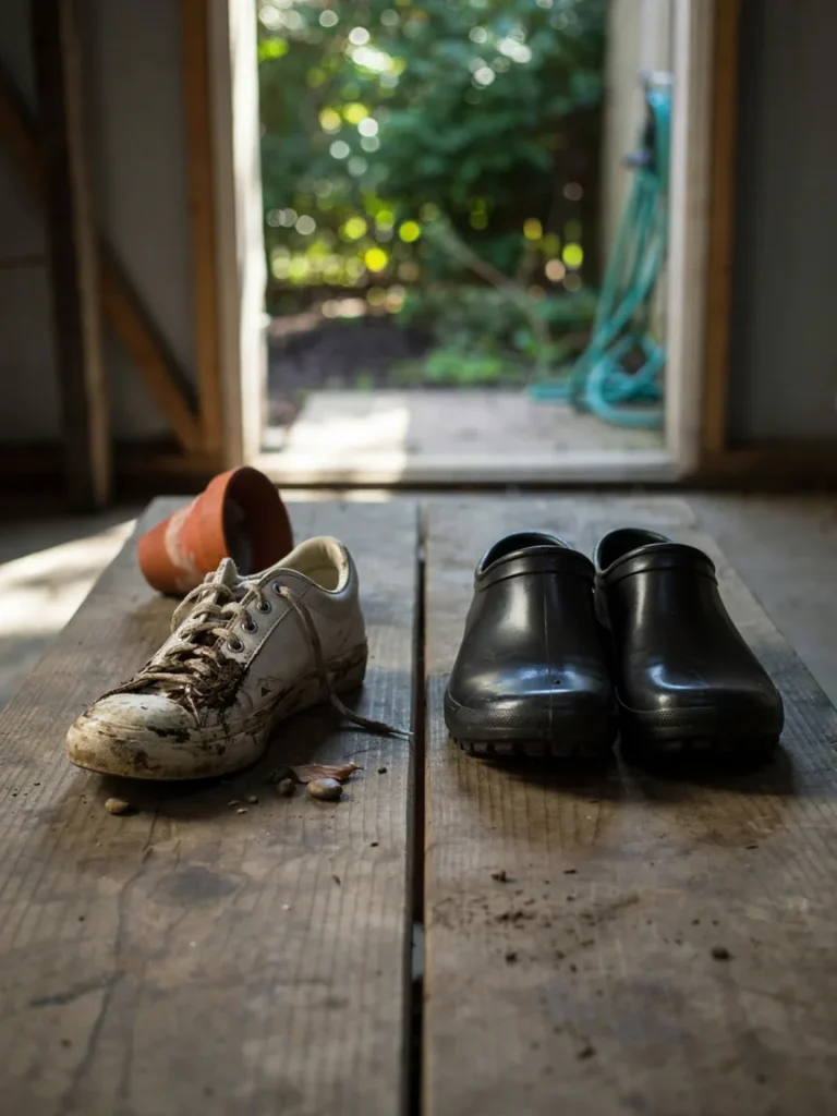 Side by side comparison graphic or photo showing a worn out sneaker caked in mud next to a clean pair of gardening clogs, illustrating the contrast in practicality