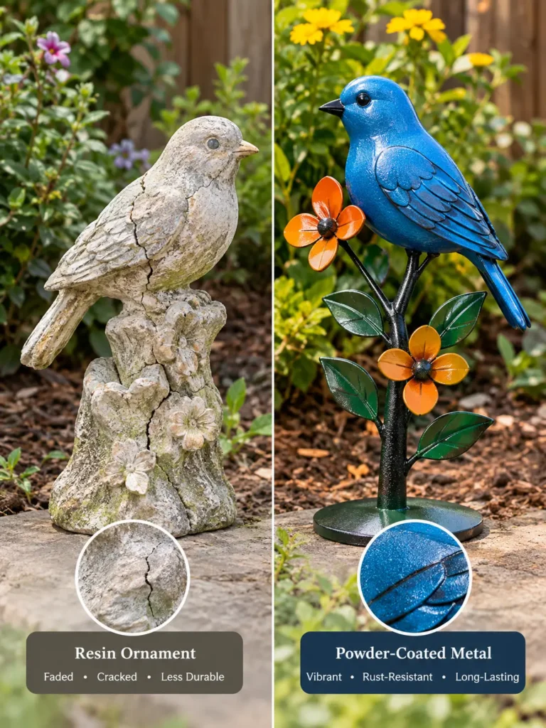 Side by side comparison of a faded, cracked resin garden ornament next to a still vibrant powder coated metal piece, illustrating the durability difference.