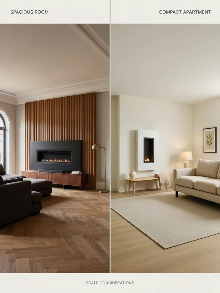 Side by side comparison of a large dramatic wall mount suited to a spacious room and a small compact faux mount suited to an apartment living room, illustrating scale considerations