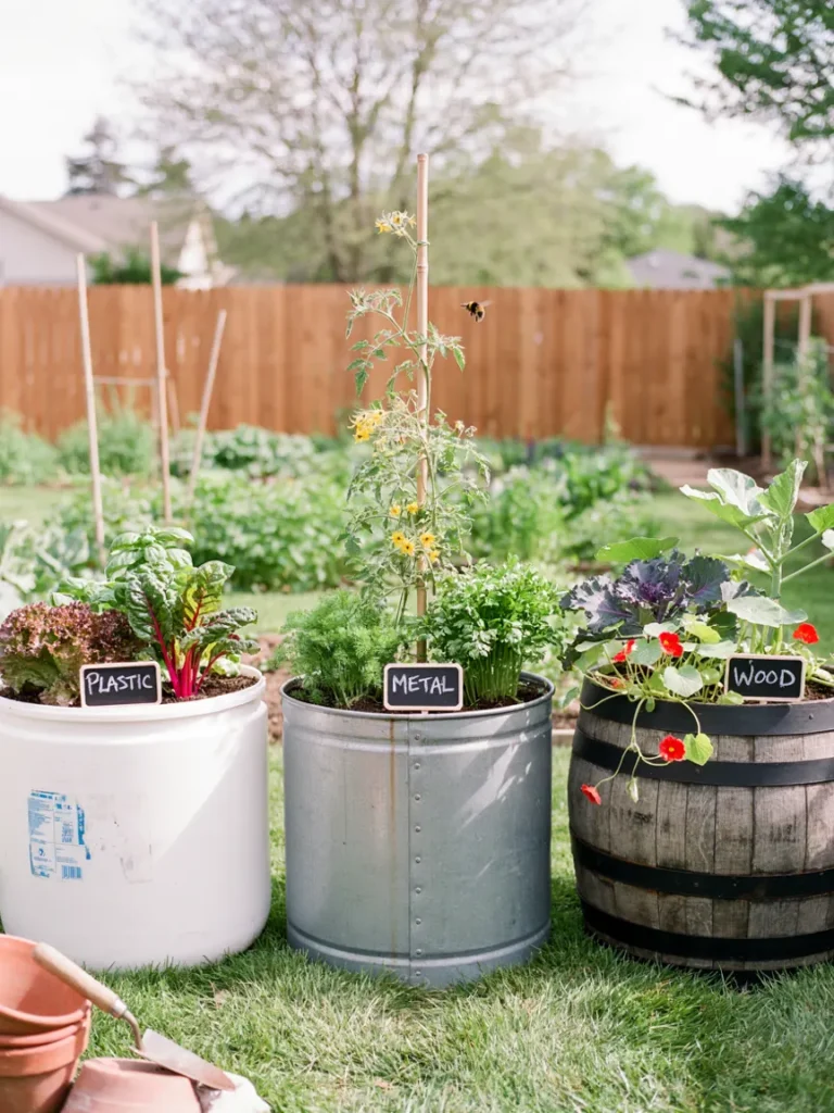 Side by side comparison of a plastic barrel, a metal barrel, and a wooden wine barrel, each planted with vegetables, showing the visual and material differences