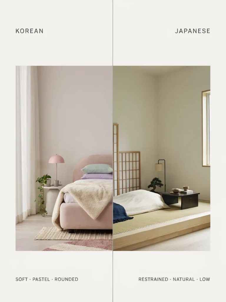 Side by side comparison of a soft pastel rounded furniture Korean bedroom corner and a restrained natural wood low furniture Japanese bedroom corner