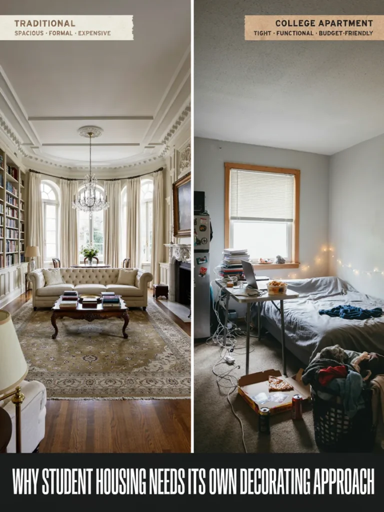 Side by side comparison of a spacious traditional living room and a small tight college apartment living room, illustrating why student housing needs its own decorating approach
