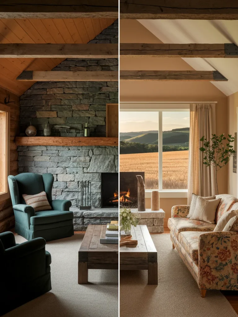 Side by side comparison of cabin living room decor and farmhouse living room decor