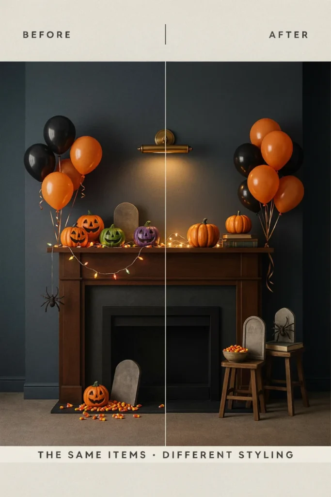 Side by side comparison showing a cluttered mismatched Halloween display versus a clean well styled arrangement of the same items, illustrating the difference thoughtful styling makes