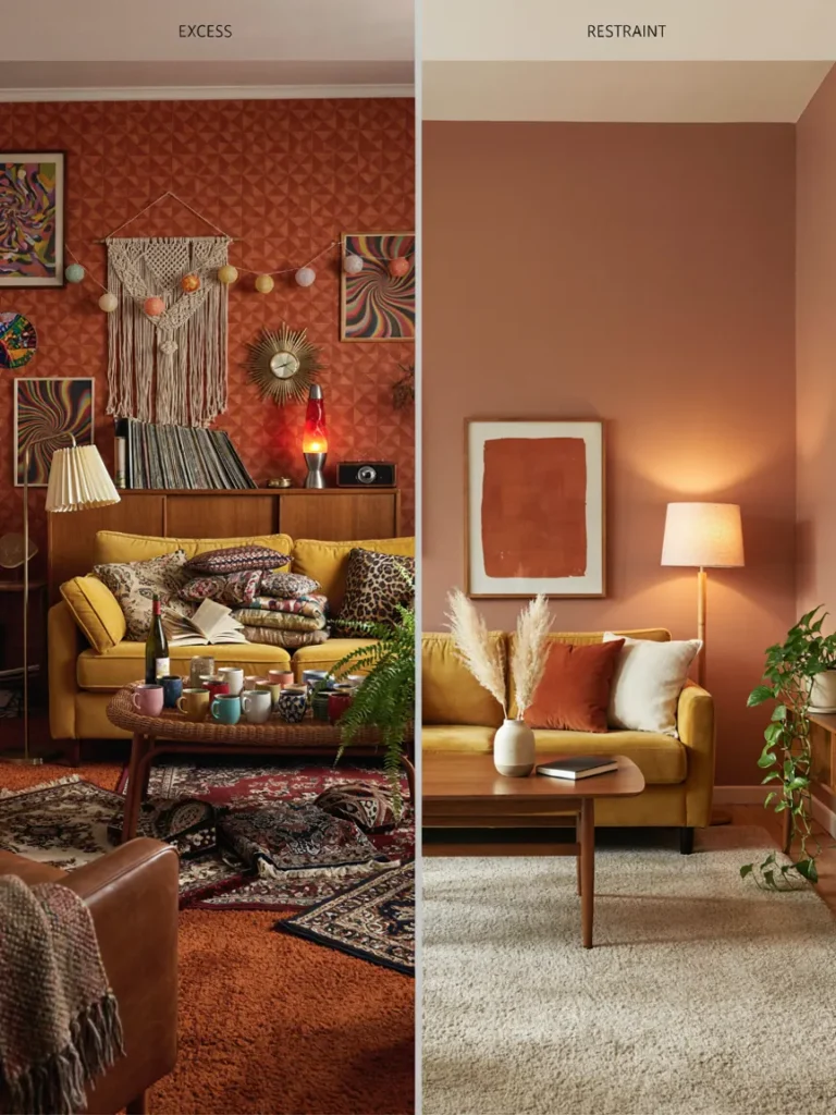 Side by side comparison showing an overdone cluttered retro room versus a balanced tastefully styled 70s living room using the same color palette, illustrating restraint versus excess