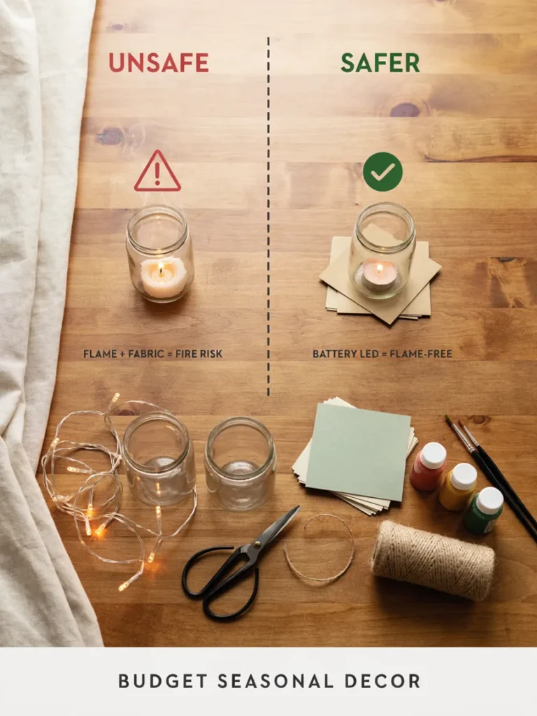 Side by side comparison showing an unsafe candle lit jar too close to curtains versus a safe battery light jar display, illustrating a common seasonal DIY safety mistake