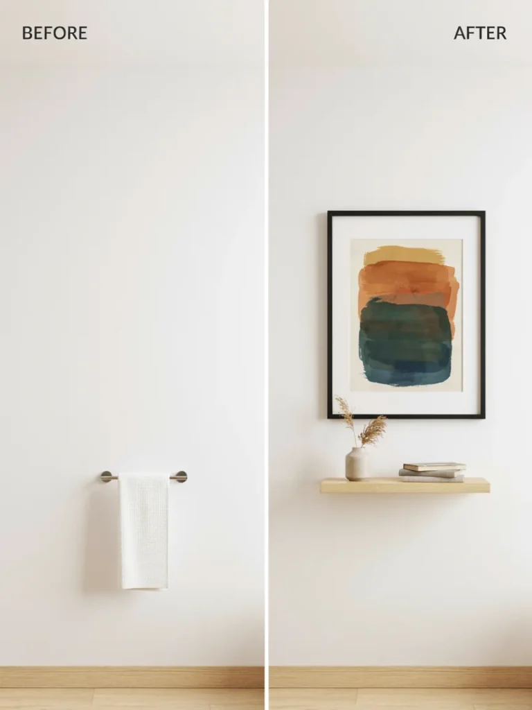 Side-by-side or before and after style comparison of a bare, undecorated bathroom wall versus the same wall styled with a single statement piece of wall art.