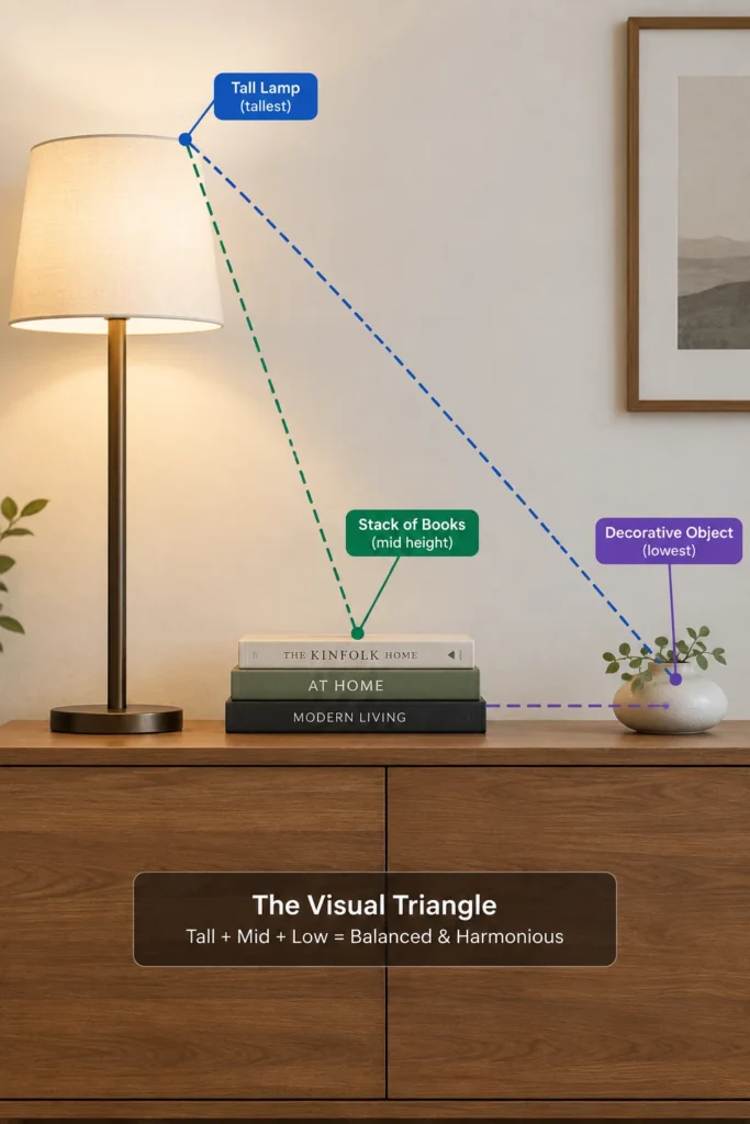 Simple diagram showing a visual triangle formed by a tall lamp
