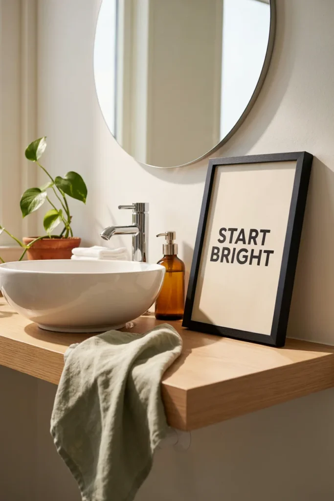 Simple framed print with a short uplifting phrase in clean bold typography, soft warm morning light, positioned near a bathroom sink, encouraging and energizing mood