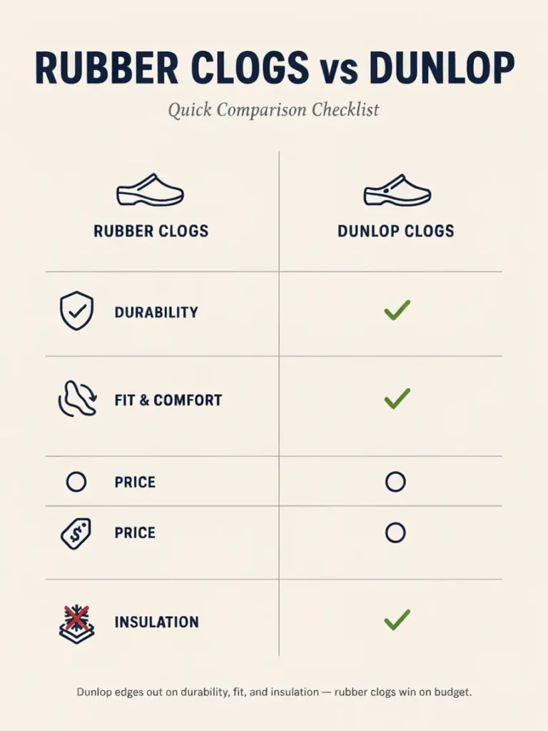 Simple infographic style checklist graphic listing durability, fit, price, and insulation icons, helping readers visually compare rubber clogs versus Dunlop clogs.