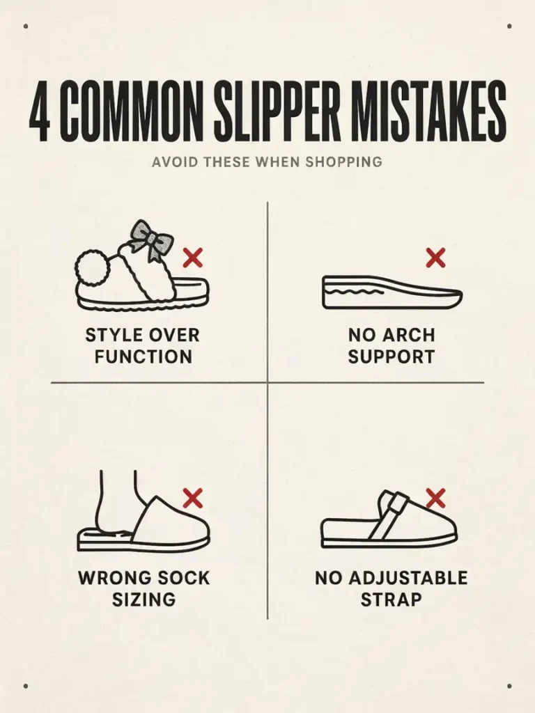 Simple infographic style graphic with four labeled icons representing common mistakes: style over function, no arch support, wrong sock sizing, and no adjustable strap