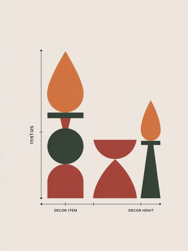 Simple proportion diagram showing a table height measurement next to a decor item roughly one third that height, illustrating the scale guideline