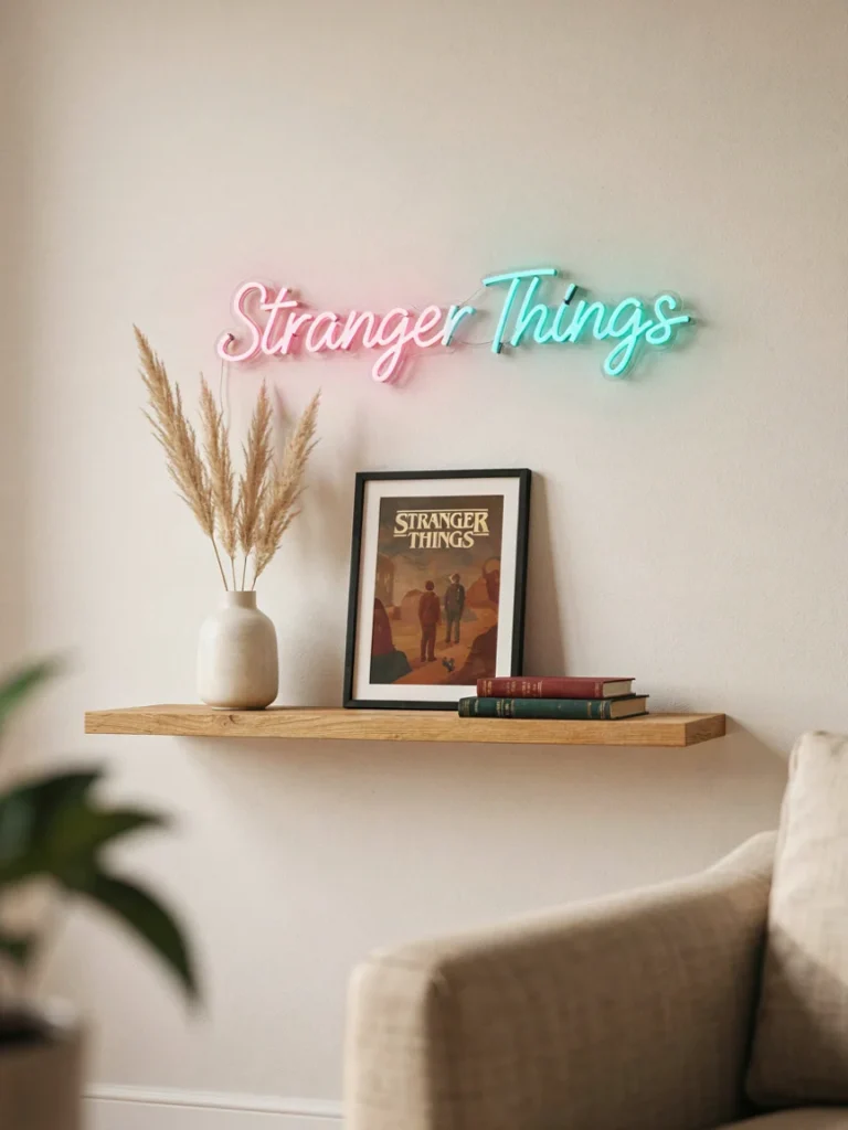Simple restrained living room shelf with one neon sign and one framed print referencing a favorite TV show, uncluttered intentional pop culture styling