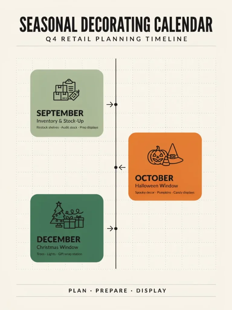 Simple seasonal calendar graphic showing September inventory, October Halloween, and December Christmas decorating windows, organized planning timeline visual