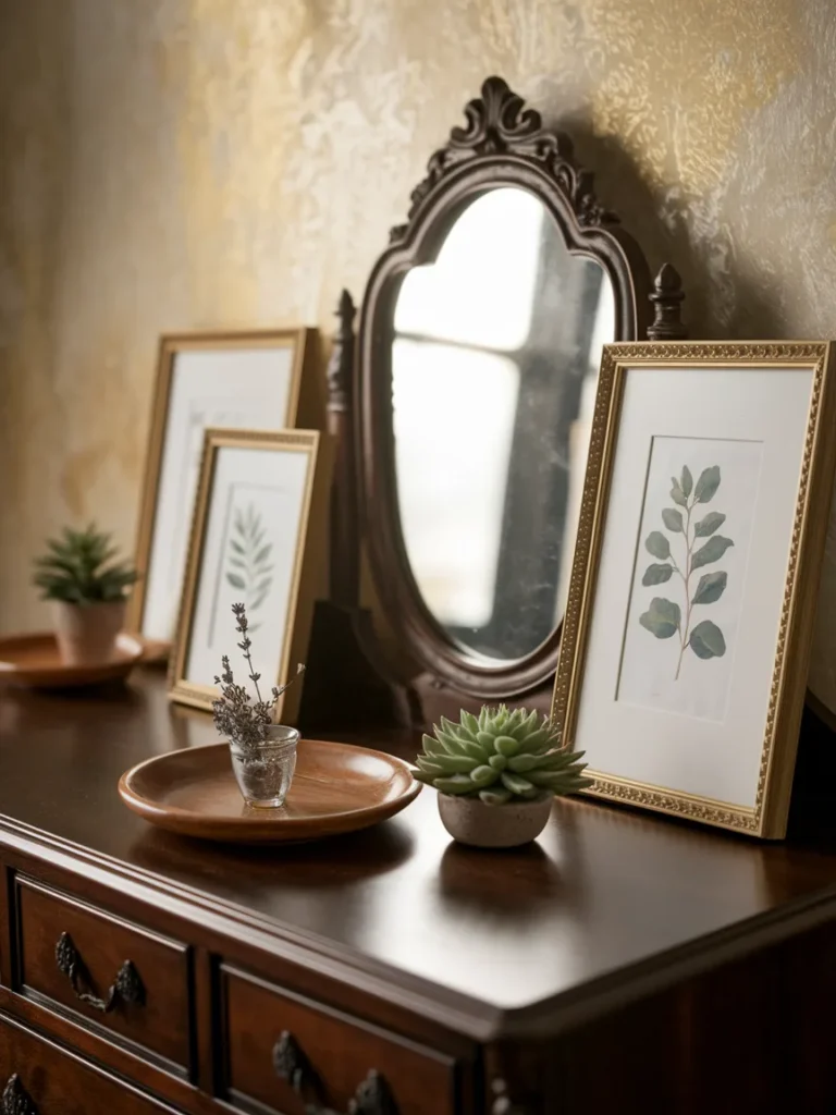 Six easy bedroom bureau decor ideas including mirror, prints, tray, plant, and organized drawer