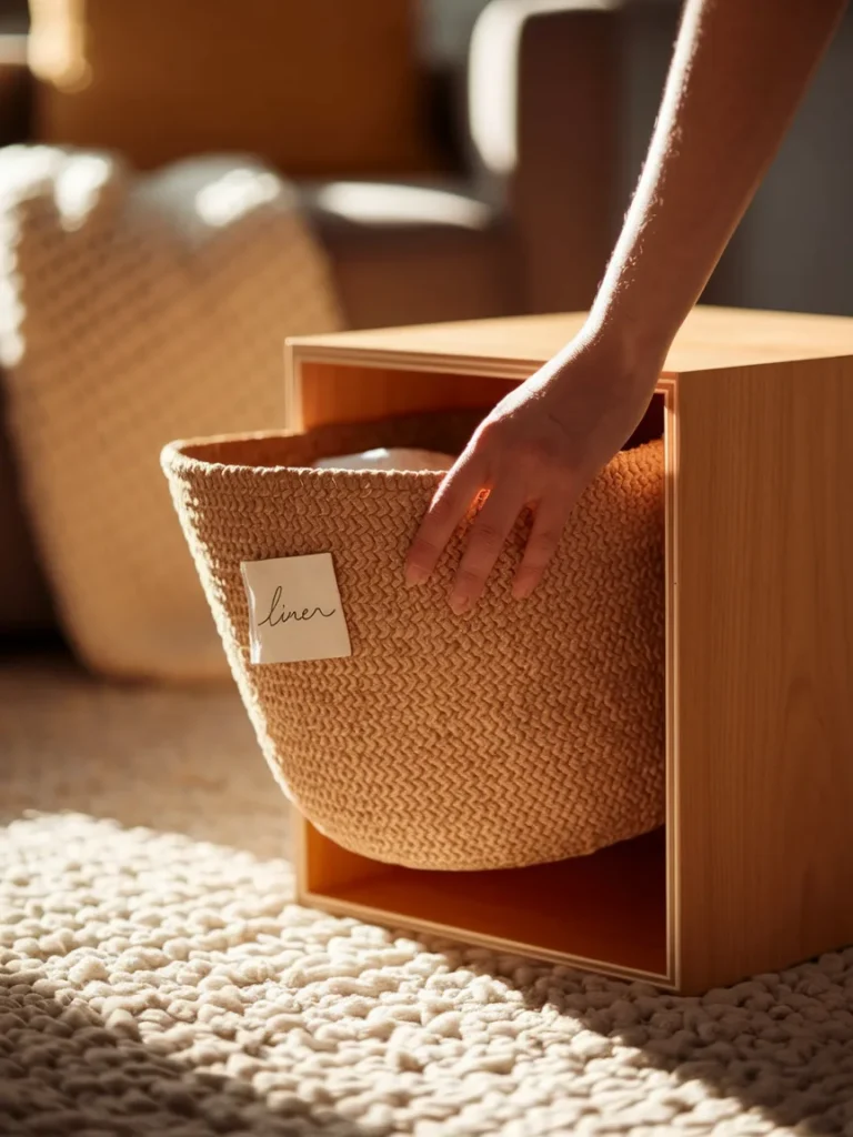 Sliding a woven bin into living room cube storage with a small label tag on the front
