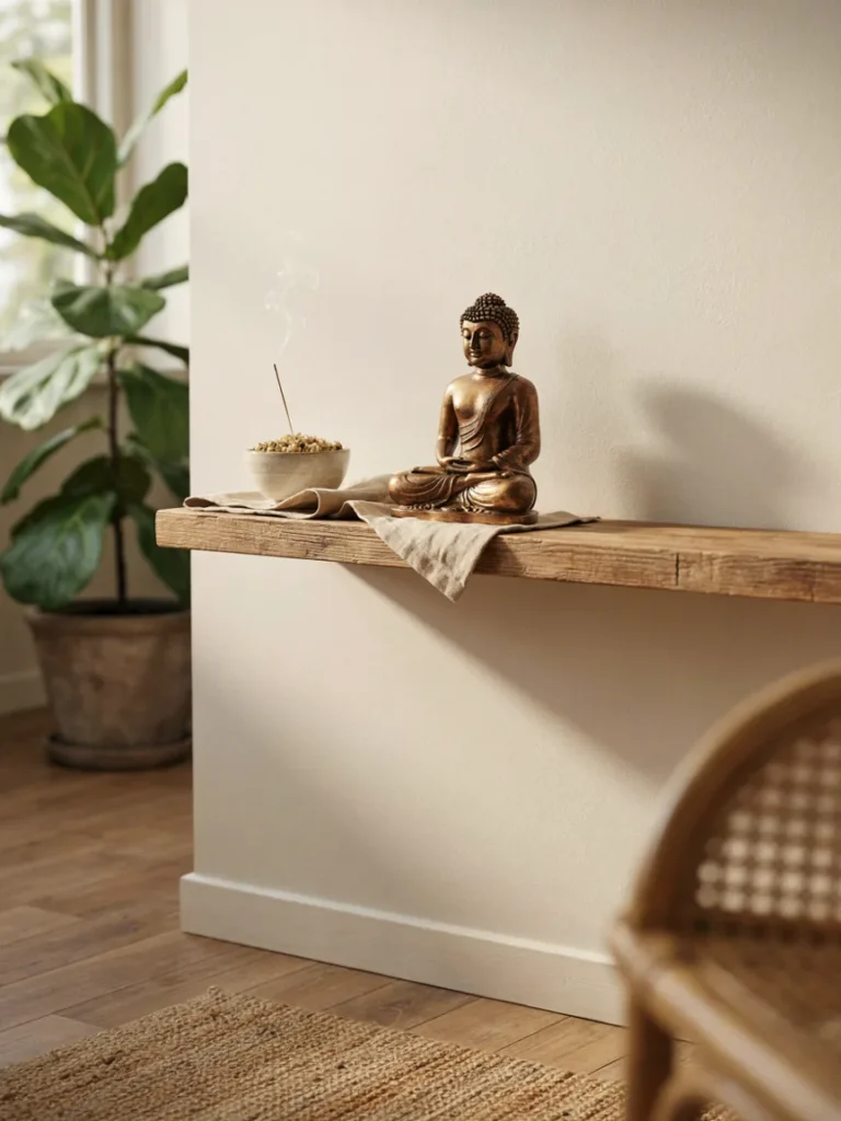 Small Buddha statue elevated on a wooden shelf above floor level in a warm living room, respectful thoughtful placement, soft natural light