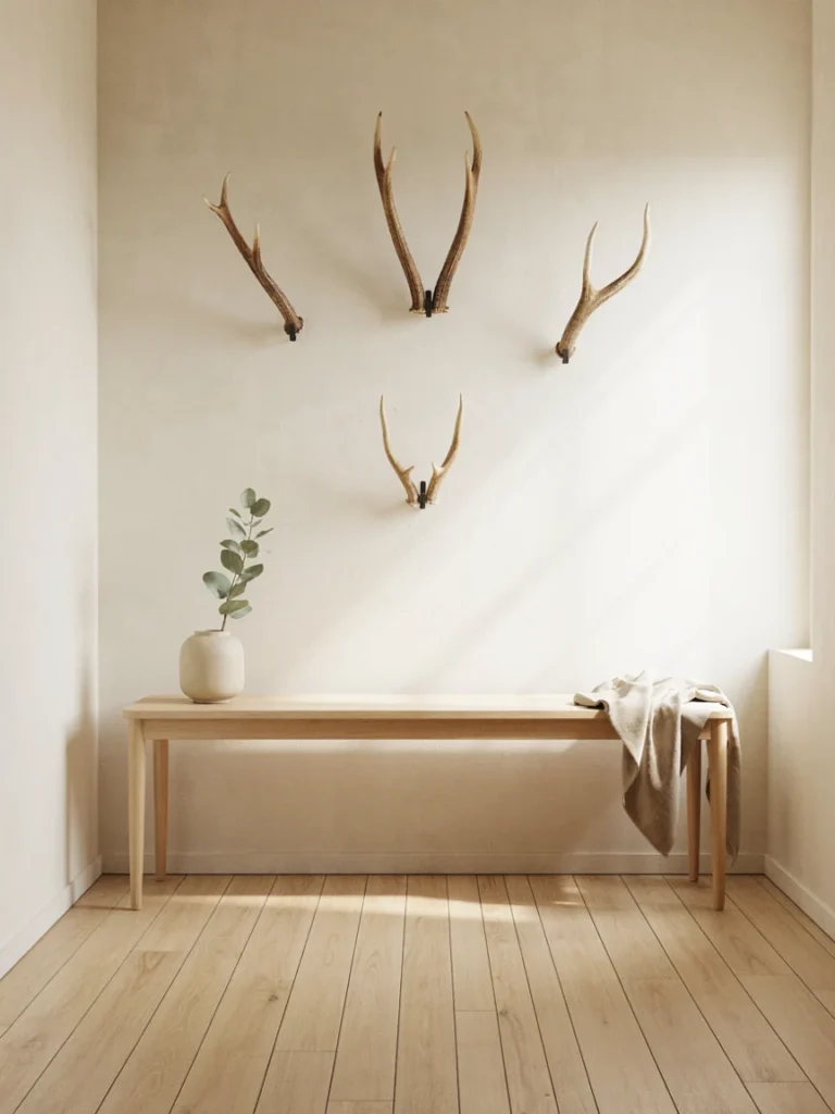 Small antler wall cluster arranged in a simple geometric pattern above a console table, natural texture without a full head mount, minimalist wildlife accent