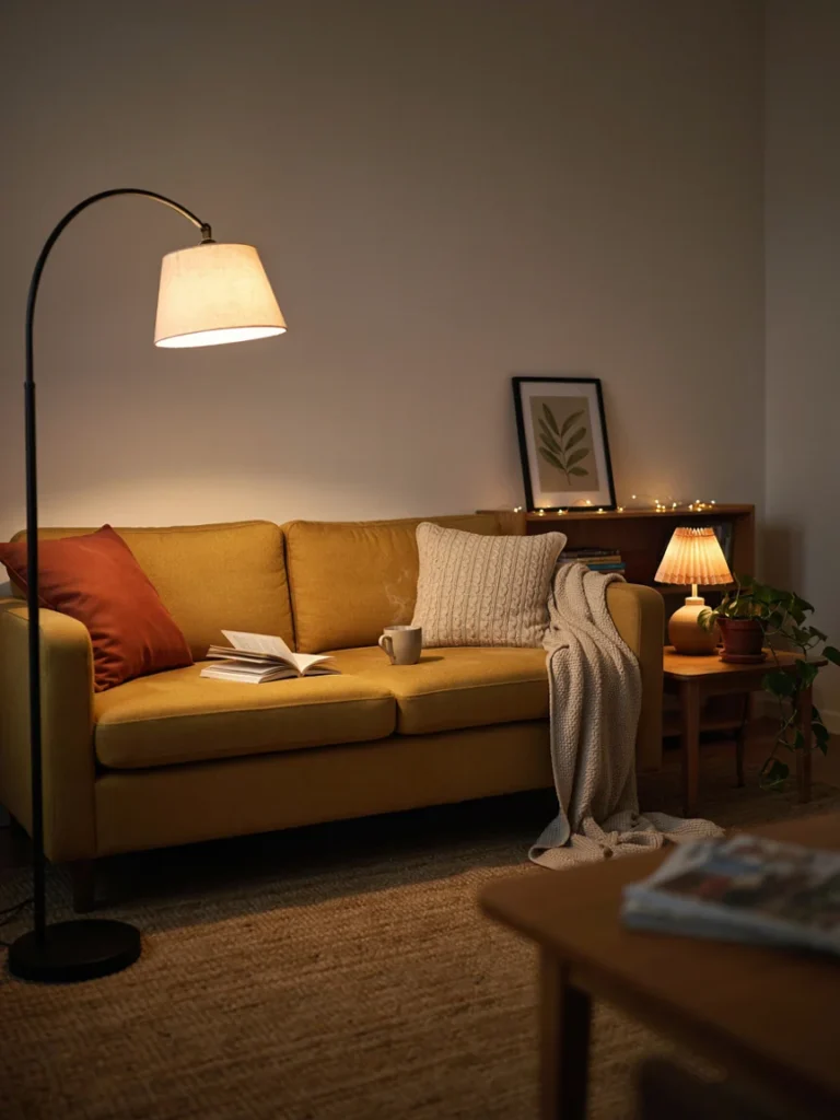 Small apartment living room corner lit by a floor lamp, a table lamp, and warm string lights instead of a harsh overhead fixture, cozy layered lighting setup