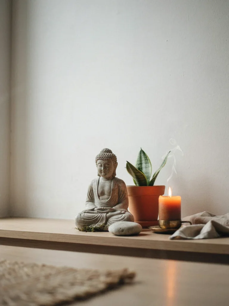  Small calm corner featuring a Buddha statue, a lit candle, a small plant, and a piece of natural stone arranged together on a low console table, serene meditation vignette