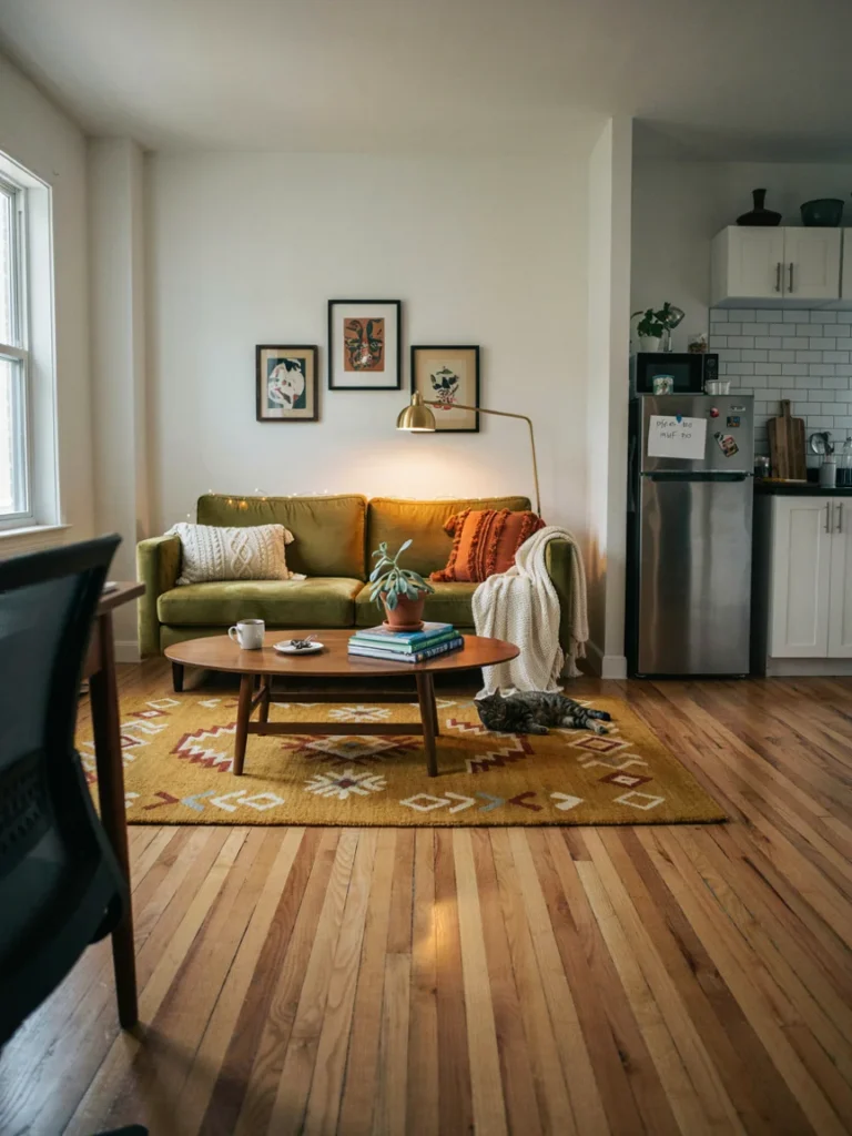 Small college living room with a patterned area rug clearly defining the seating zone within an open concept apartment layout, cozy anchored styling