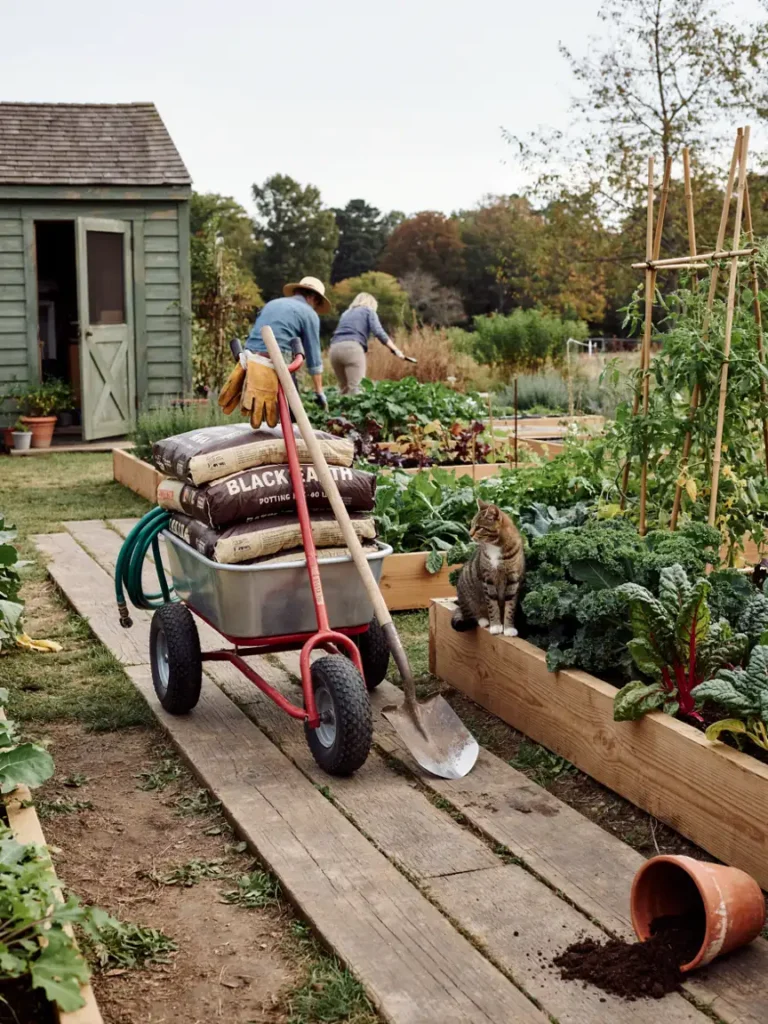 Small garden utility cart with pneumatic tires loaded with soil bags and tools being pulled along a garden path, practical hauling gear in use]