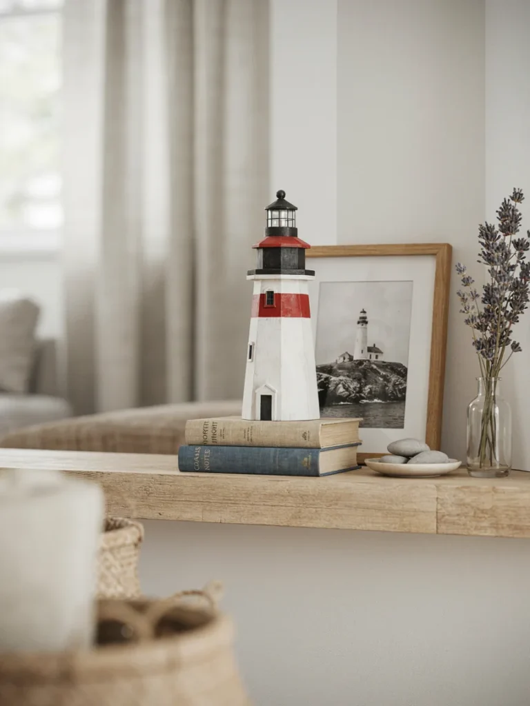 Small painted wood model lighthouse displayed on a living room shelf beside a framed black and white lighthouse photograph, soft coastal styling