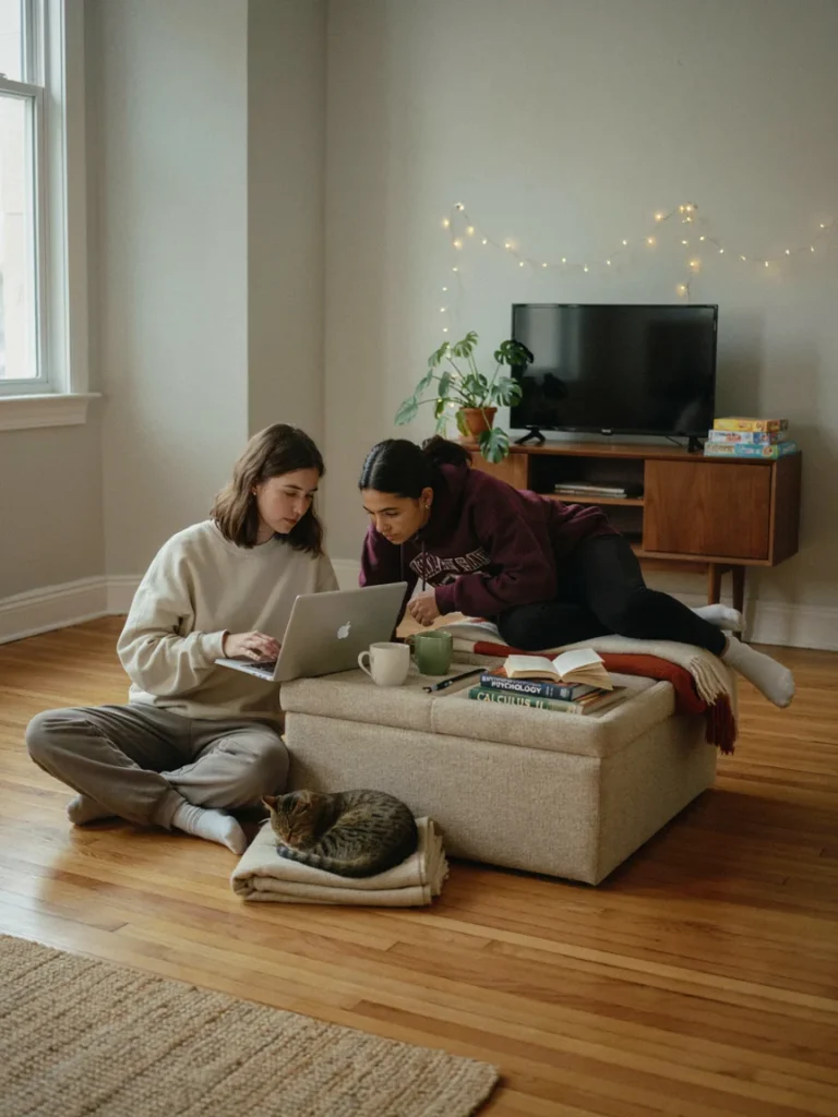 Small storage ottoman doubling as a coffee table and extra seating in a compact college living room, multi purpose furniture styling