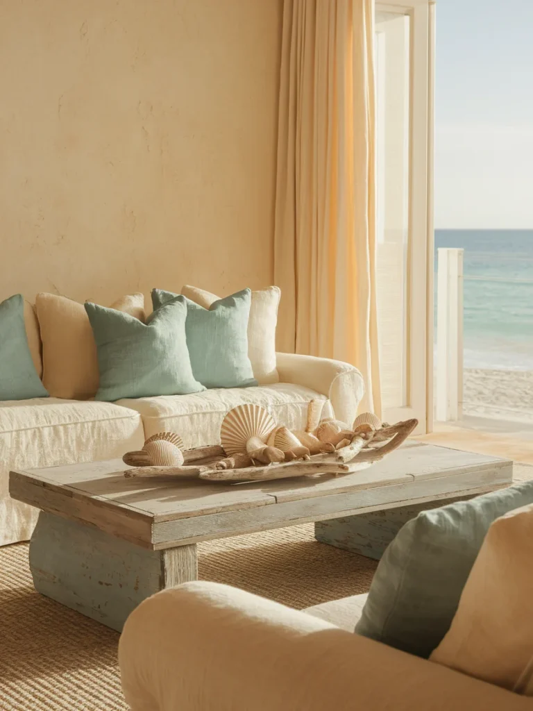 Soft blue and peach living room decor in a bright coastal style room