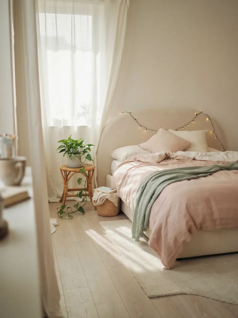Soft pastel Korean styled bedroom with a low rounded platform bed, dusty pink and sage green textiles, warm string lights, and a single trailing plant, bright airy natural light