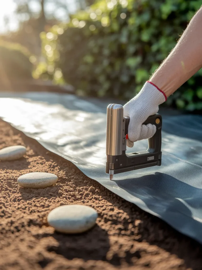 Someone securing landscape fabric to the ground with staples before adding rock on top, showing proper installation technique
