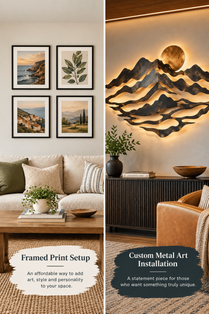 Split comparison graphic showing an affordable framed print setup on one side and a large custom metal art