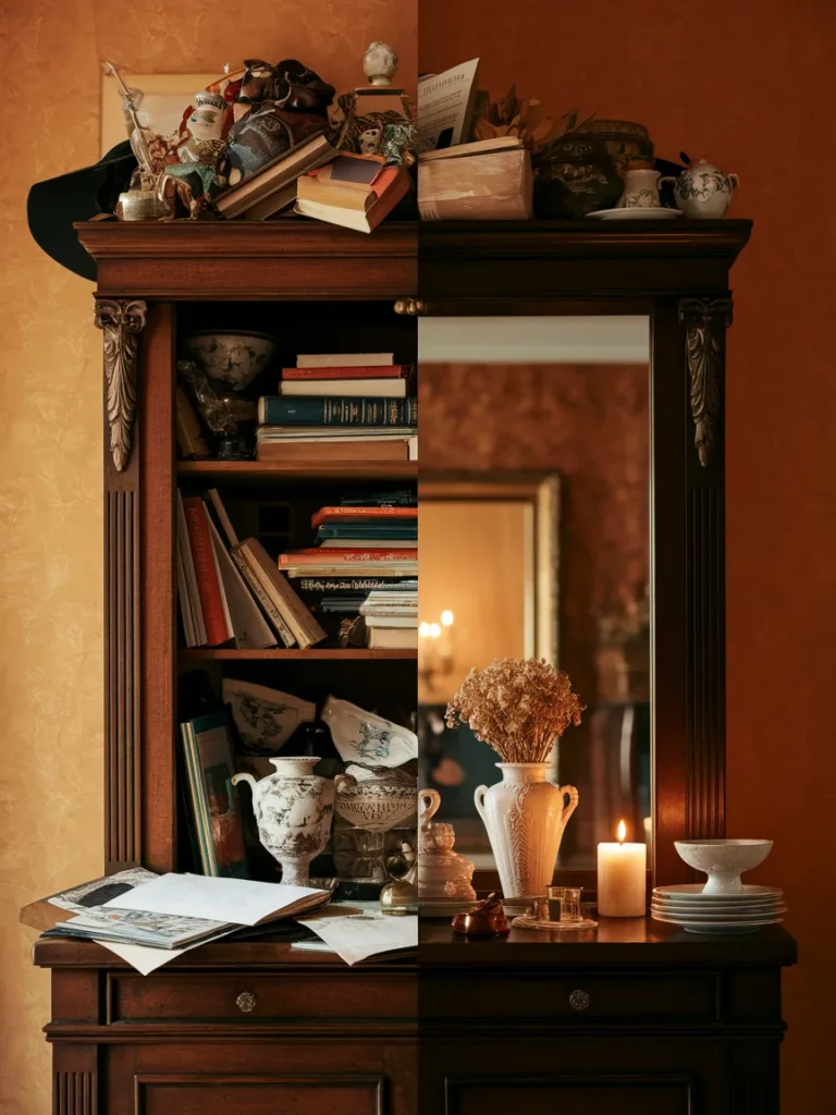 Split comparison showing an overcrowded, cluttered cabinet top next to a well edited, balanced version of the same cabinet.